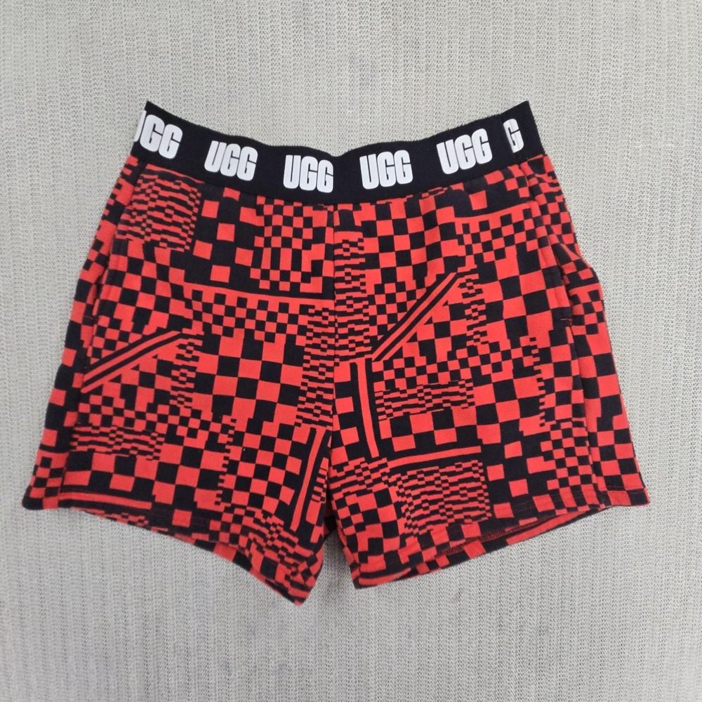 UGG Sleep Shorts Mens Medium Red Black Check Fleece Lounge Elastic Waist